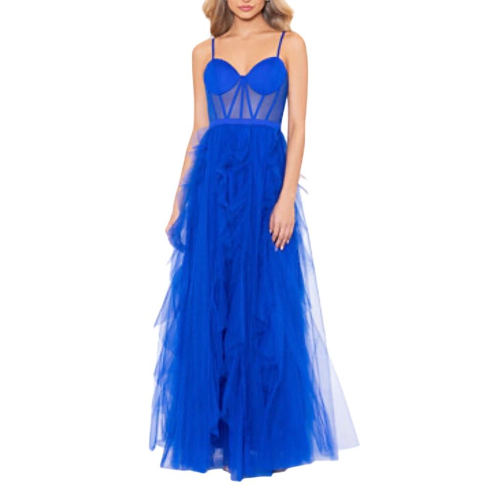 Blondie Nites Blue Evening Gown Tulle Ruffled Long A-Line Corset Dress Size 11